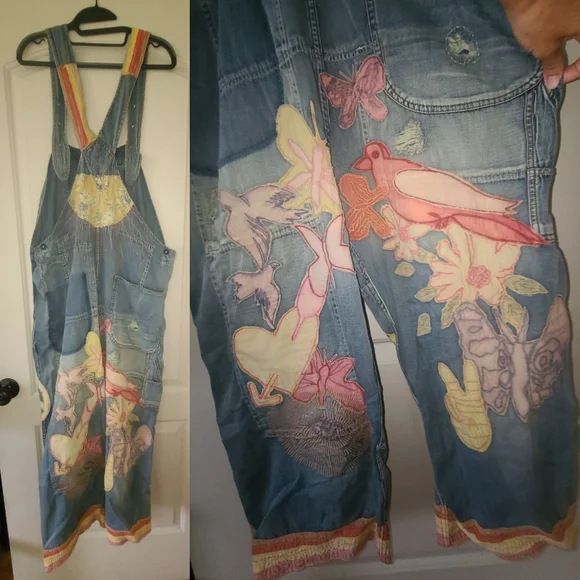 New Magnolia Pearl Love Applique Overalls Woodstock 032 Overall Denim Jeans jean - Picture 13 of 17